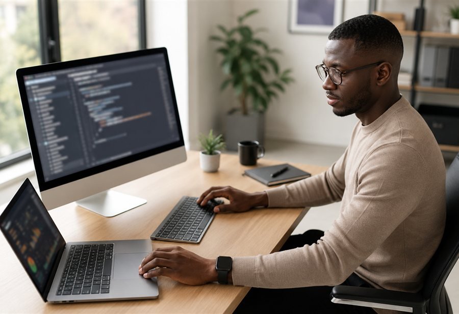 A developer at his desk, working on a client project