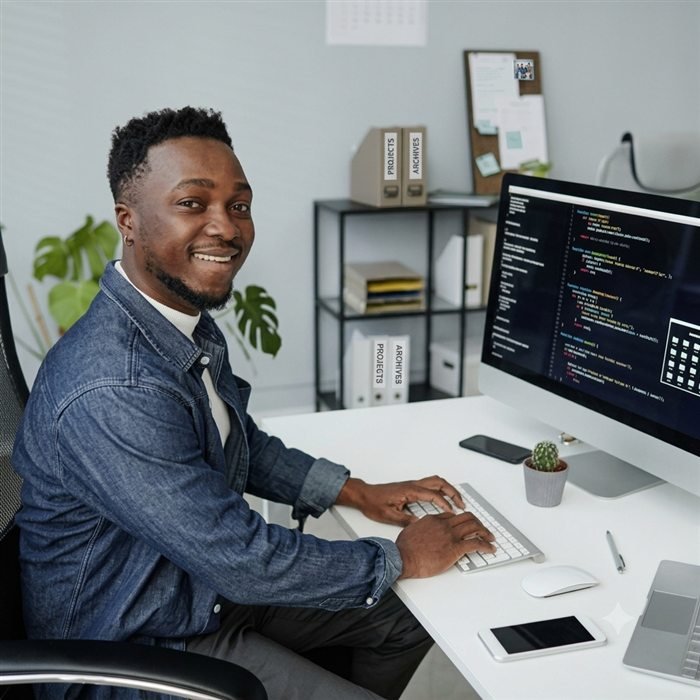 Developer smiling at his desk while coding